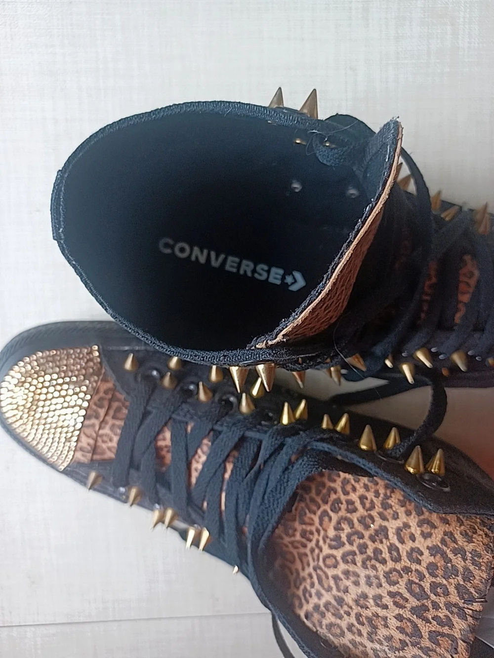 Converse Black High-Top Sneakers with Leopard Print and Gold Accents - Picture 5 of 16